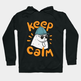 Illustration of a white cat wearing glasses and a hat "Keep Calm" Hoodie